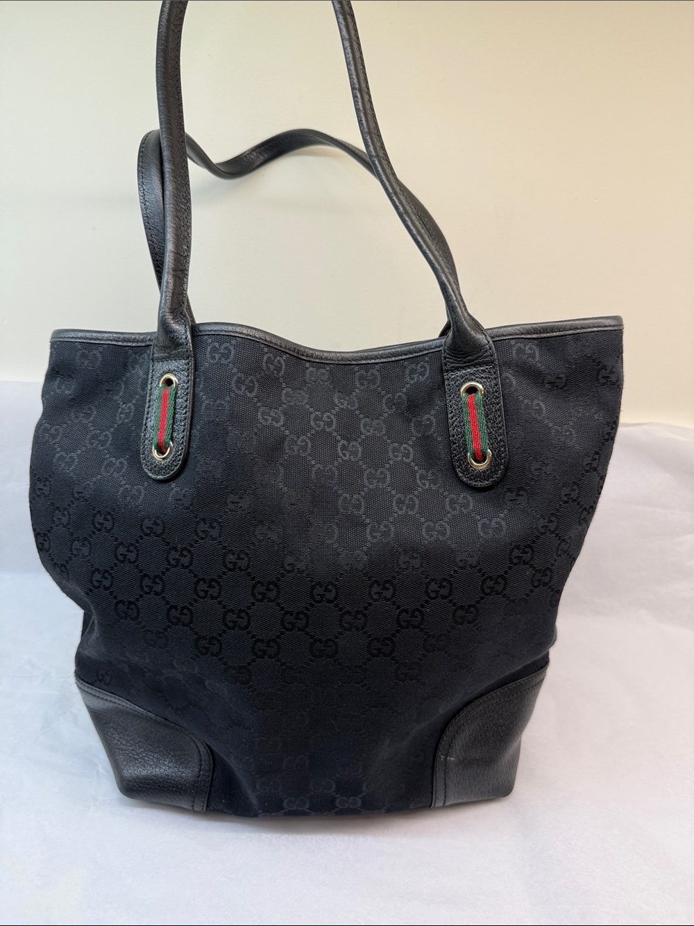 Gucci Black GG Canvas Tote with Signature Web Accents